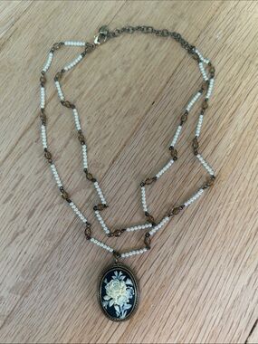 Carolee White Pearl and Amber Bead Cameo Pendant Necklace